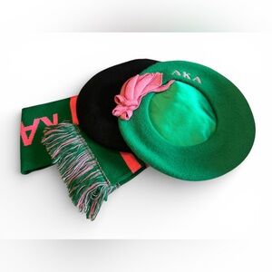 3 Piece Bundle! Green and Pink AKA Scarf, and 2 AKA Beret’s